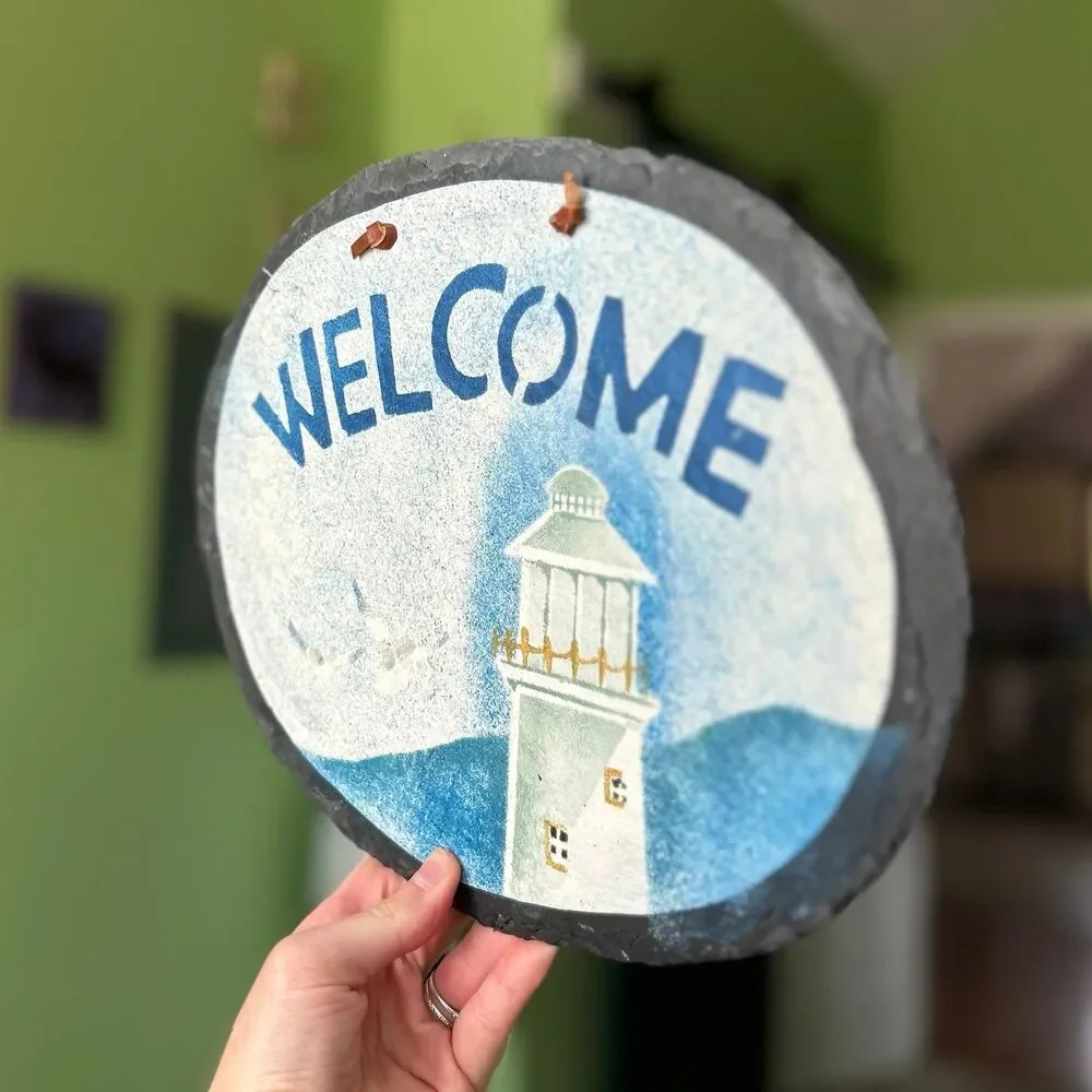 VTG Nautical Lighthouse Beacon Blue Stone Welcome Wall Sign